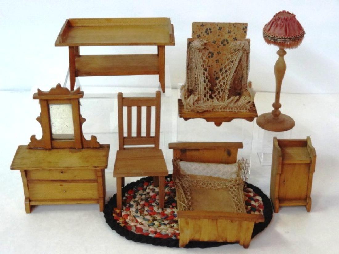 Antique German Dollhouse Bedroom Furniture Miniatures: Antique German bed with small canopy 4.5"L, dresser with mirror 3.5"W, nightstand, writing table 4.5"W chair, rag rug, FAO Schwarz floor lamp 4.75"H