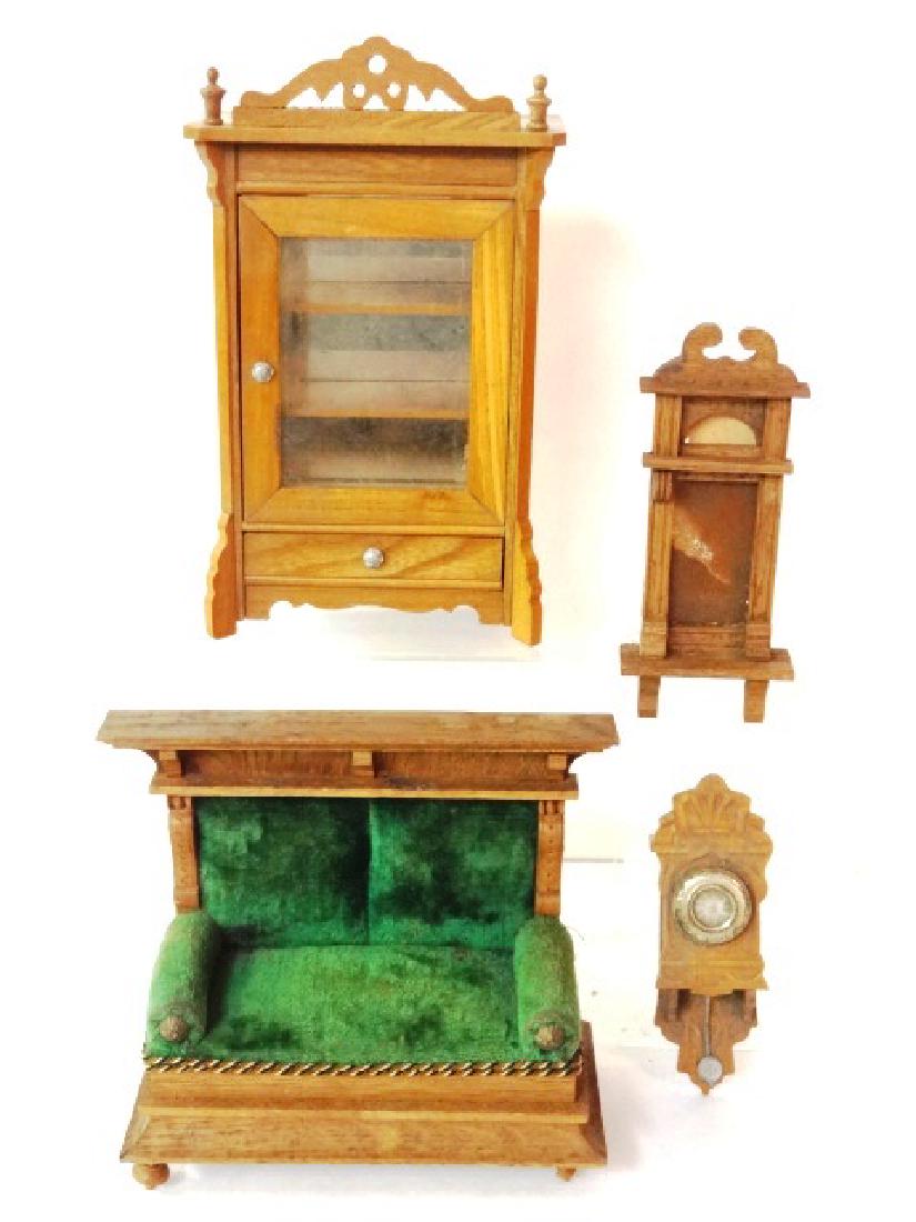 Antique German Schneegas Dining Room Furniture: Antique German high back sofa with ornate moldings 6"L, china cabinet with mirrored back and single drawer 7.5"H, hall mirror and wag on wall clock with pressed decoration