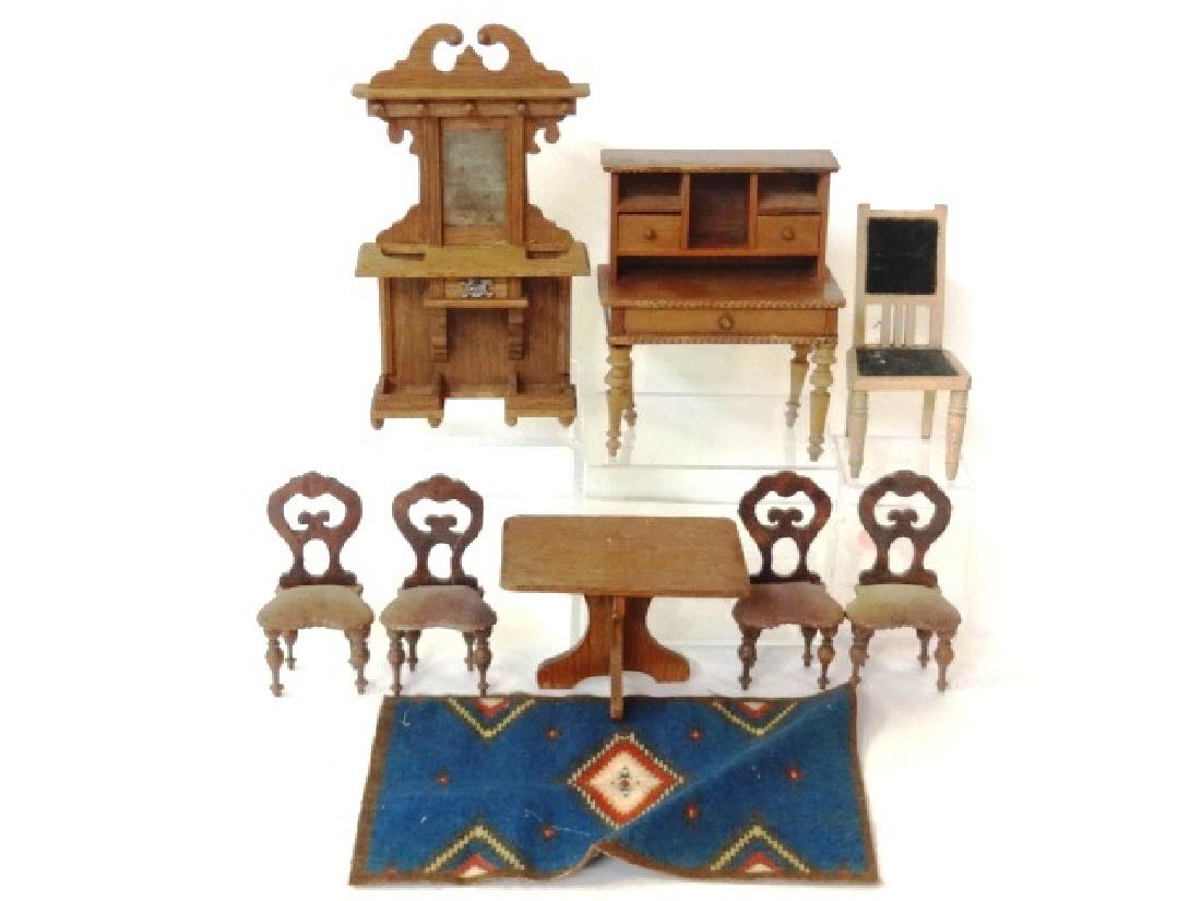 Antique German Schneegas Dollhouse Furniture Miniatures: Antique German hall umbrella and hat stand 6.5"H, writing desk 4"W with crooked back leg and chair, table 4"W with four balloon back chairs