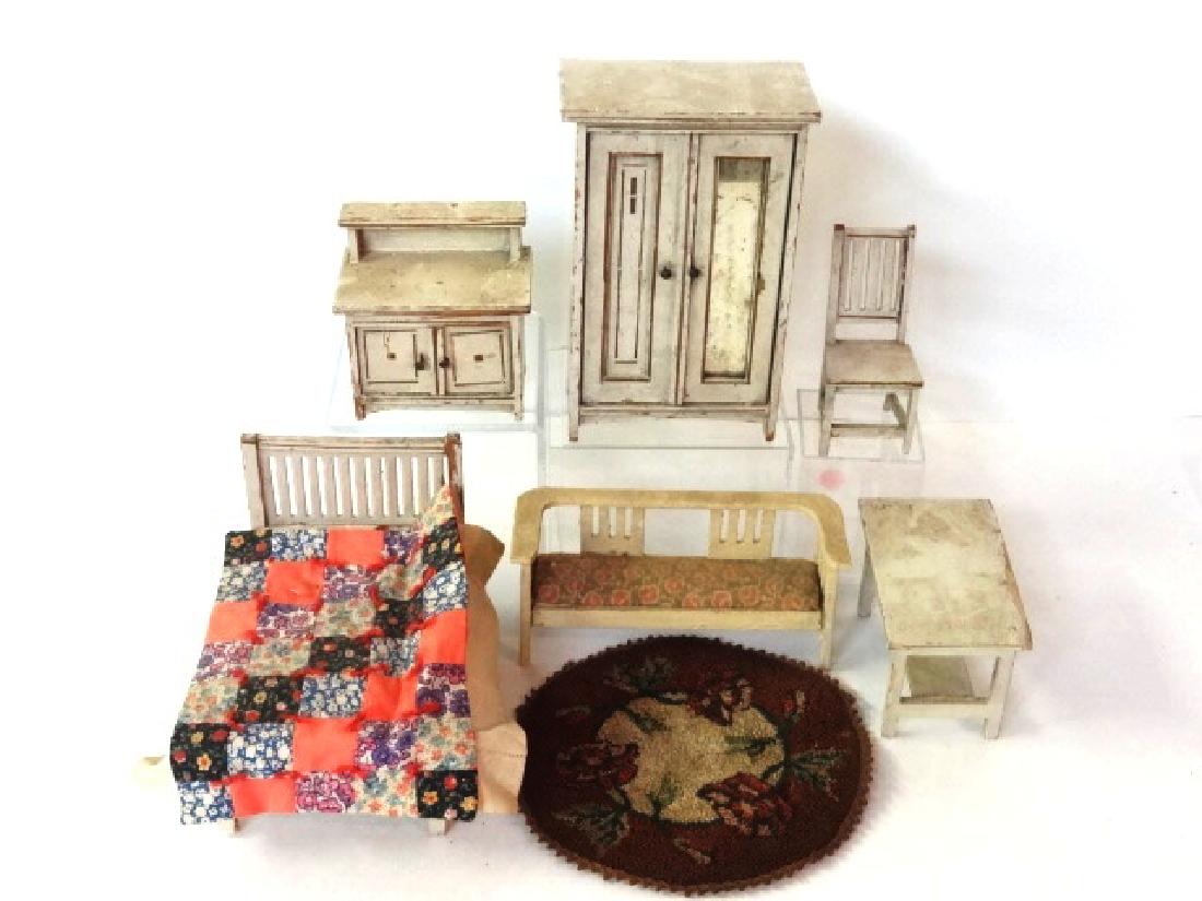 Antique German Dollhouse Bedroom Furniture Miniatures: Antique German wardrobe 6.5"H, bed 6"L, wash stand, table 4"W and chair, sofa 6"W, vintage Japanese rug