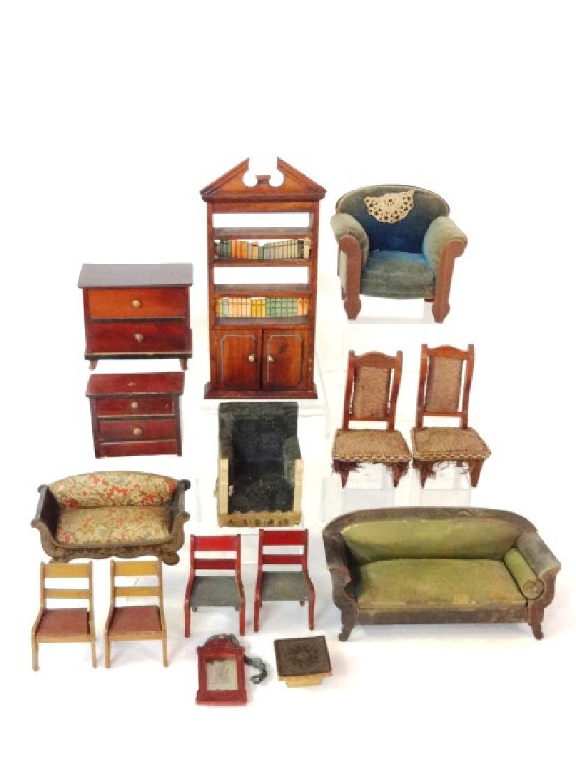 Antique German Dollhouse Furniture Miniatures: Nice small Biedermeier style upholstered sofa 4"W, Biedermeier sofa missing back legs 6"W, pair of side chairs with fringe 3.75"H, two Biedermeier dressers and clock, mirror with pressed design and as