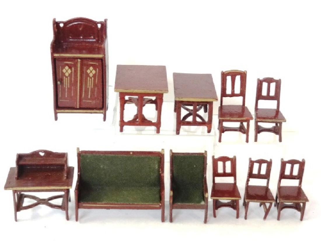 Antique German Gottschalk Dollhouse Furniture: Antique German sofa 4"W with matching armchair, writing table 3"W with chair, two tables and set of four chairs, cabinet 4.25"H