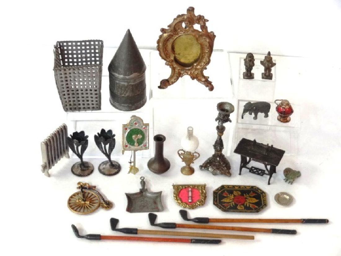 Antique Dollhouse Metal Accessories Miniatures: Nice group of unusual antique and vintage accessories for the dollhouse, hand painted tole tray 2"L, ormolu thermometer buckle, painted bronze parrot, pair of silver plated art nouveau floral candlest