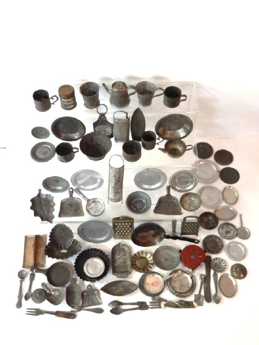 Large Lot of Doll & Dollhouse Tin Accessories: Large lot of tin accessories, buckets, plates, cups, molds, graters, flatware, pans, pots, platters etc.