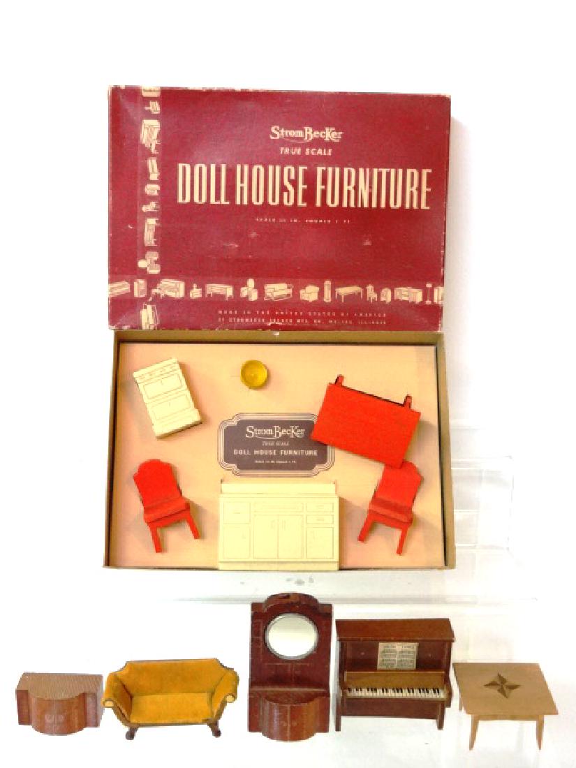 Vintage Small Scale Dollhouse Furniture Miniatures: Strombecker set of 3/4" scale furniture in original box 7" by 10" includes table, two chairs, sink cabinet, range and centerpiece, vintage inlaid Thuringia table 2.5"L, Dol-Toi piano 3"W, china cabine