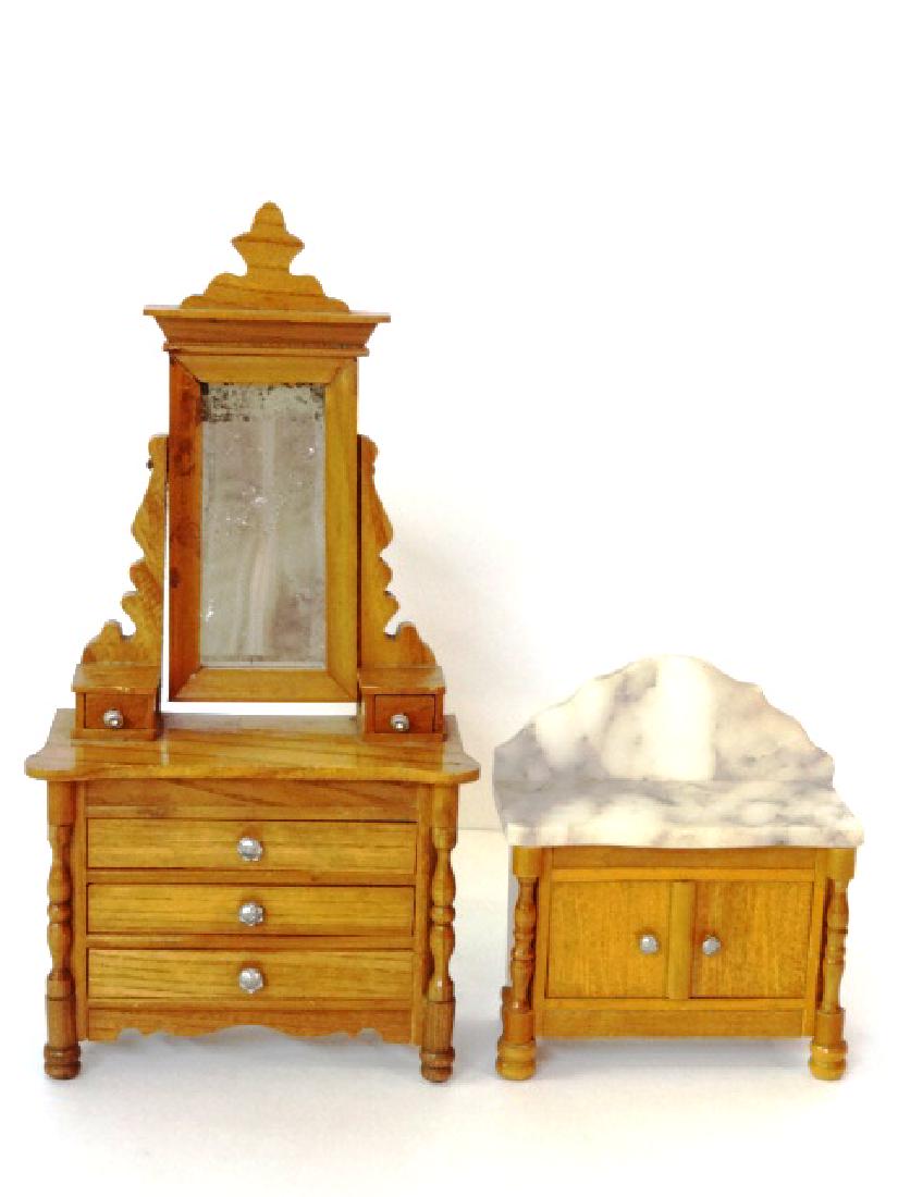Antique Schneegas Dollhouse Dresser & Buffet Miniatures: Antique German Schneegas dresser with mirror, two glove drawers and three full width drawers 9"H, 4.75"W, marble top buffet with scalloped gallery 3.75"W, 4.25"H
