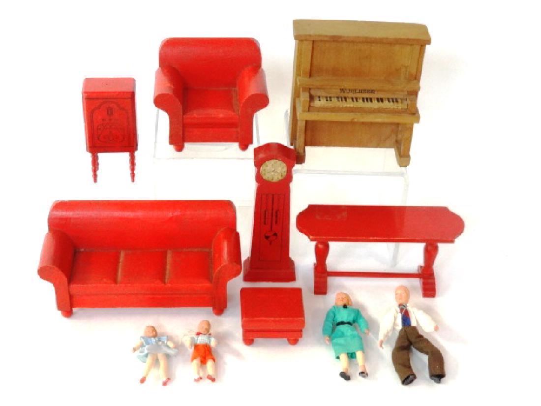 Vintage Strombecker Dollhouse Living Room Furniture: Vintage Strombecker painted wood living room furniture, sofa 6"W, armchair 3.5"W, library table 5.5"W, ottoman, radio and tall case clock 5"H, also includes a vintage Wurlitzer upright piano 4.25"W an
