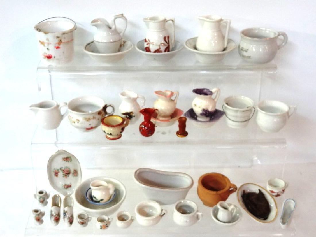 Antique Doll & Dollhouse China Miniatures: Nice assortment of older doll and dollhouse china, tubs, buckets, pitchers & bowls, shoes, platter with turkey 3.25"L, also a few pieces of earthenware