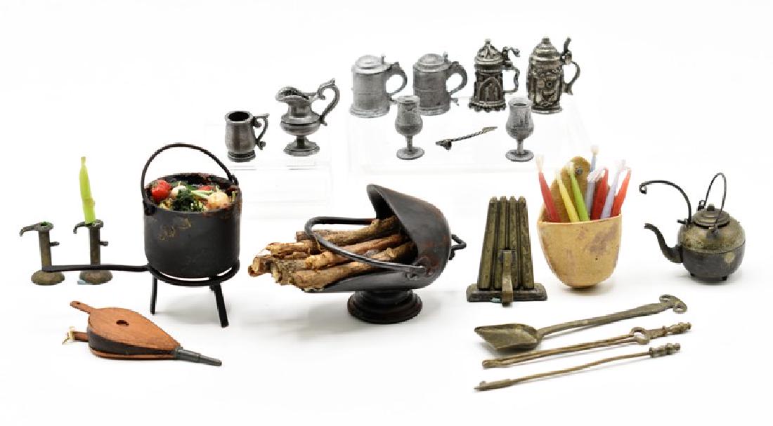 Artisan Dollhouse Accessories Miniatures: Nice selection of unsigned accessories for the early kitchen, iron pot of vegetables on trivet 1.25"H, scuttle filled with wood, three piece fireplace tool set 2.25"H, iron teapot, wood and leather be