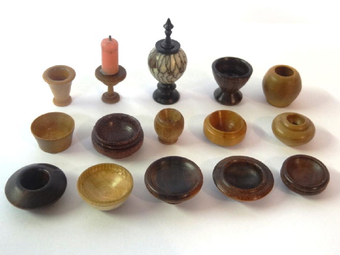 Rob Turkham Dollhouse Urn & Others Miniatures: Rob Turkham turned exotic hardwood bowl with ebony stopper, lip and foot 1.5"H, also a nice assortment of unsigned artisan hardwood bowls, vases and candlestick in various woods