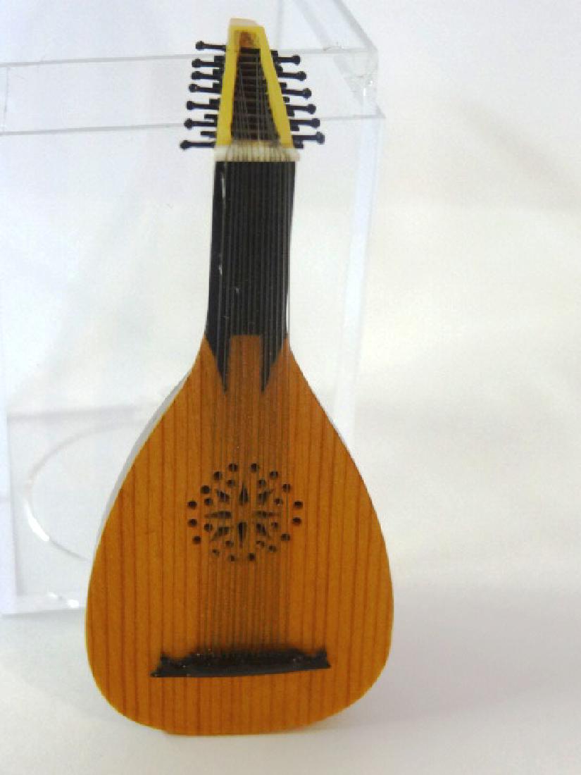 Dollhouse Artisan 13 String Lute Miniature: Unsigned dollhouse artisan thirteen string lute, front is spruce and ebony, back is mahogany and maple, 2.5"H