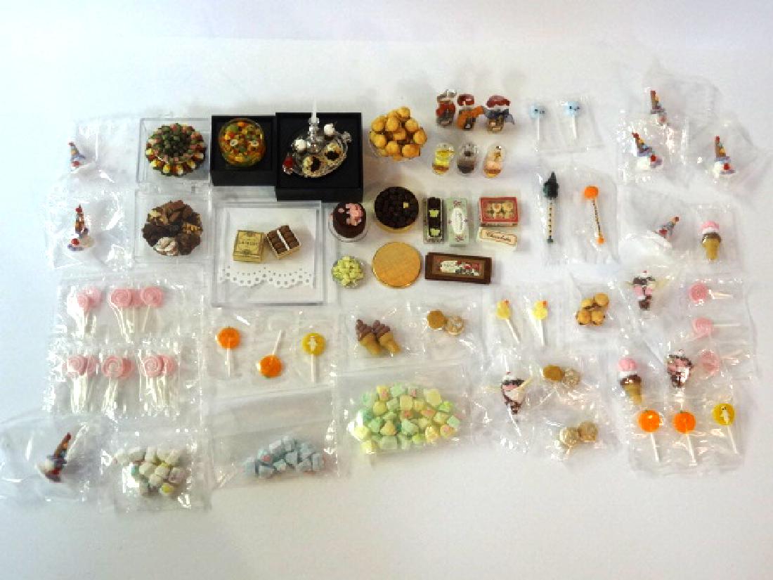 English Kitchen, Lola & Caesar Dollhouse Foods: Nice assortment of artisan dollhouse foods and cakes in original packaging by English Kitchen, Lola Originals, Ann Caesar and others, glass bowl of sliced fruit .75"W, box of French cookies, cake on s