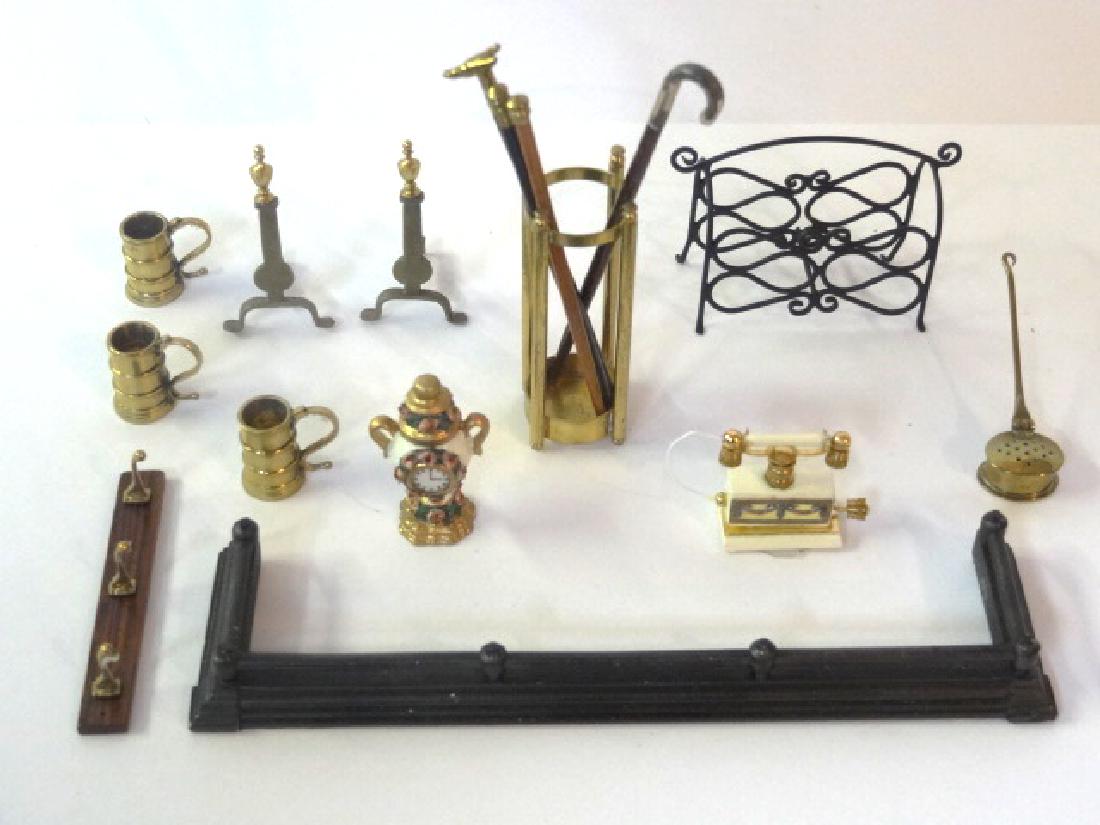 Dollhouse Metal Accessories Miniatures: Dollhouse brass or copper cane stand 2"H holding a unsigned silver handled cane, fox head cane, sword cane and a brass knob cane, Brooke Tucker painted metal urn clock 1.25"H and telephone, painted st