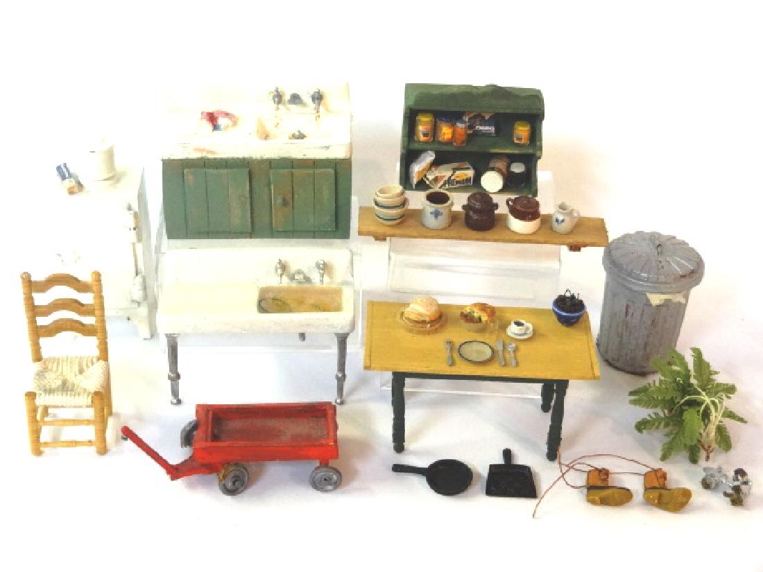 Dollhouse 1/2" Scale Kitchen Furniture & Fixtures: Dollhouse 1/2" scale kitchen items, table with breadboard ends 2.5"L, ladder-back chair, hanging shelf with food 1.5"W, hanging shelf with artisan stoneware, metal refrigerator 2.5"H, sink 2.25"W and