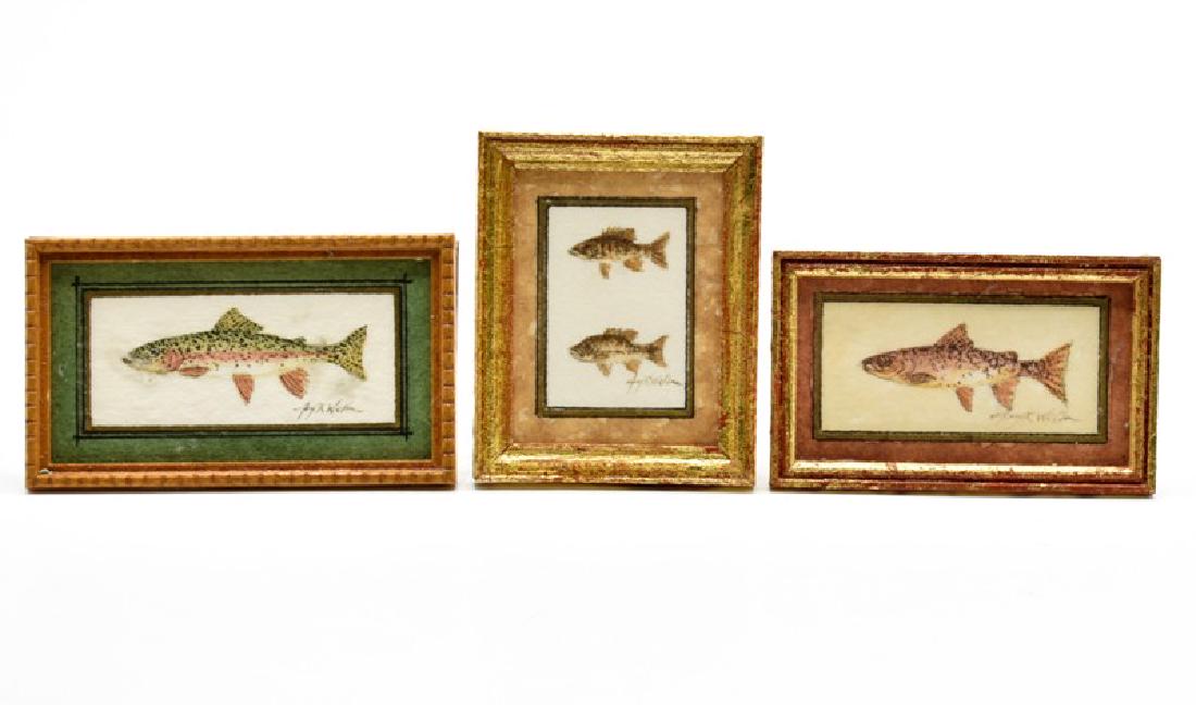 Three Walton Dollhouse Fish Watercolor Paintings: Three hand made watercolor painting of fish by artist Amy Ramsey Walton, housed in wood frames 1.5" by 1.75" to 1.25" by 2.25"