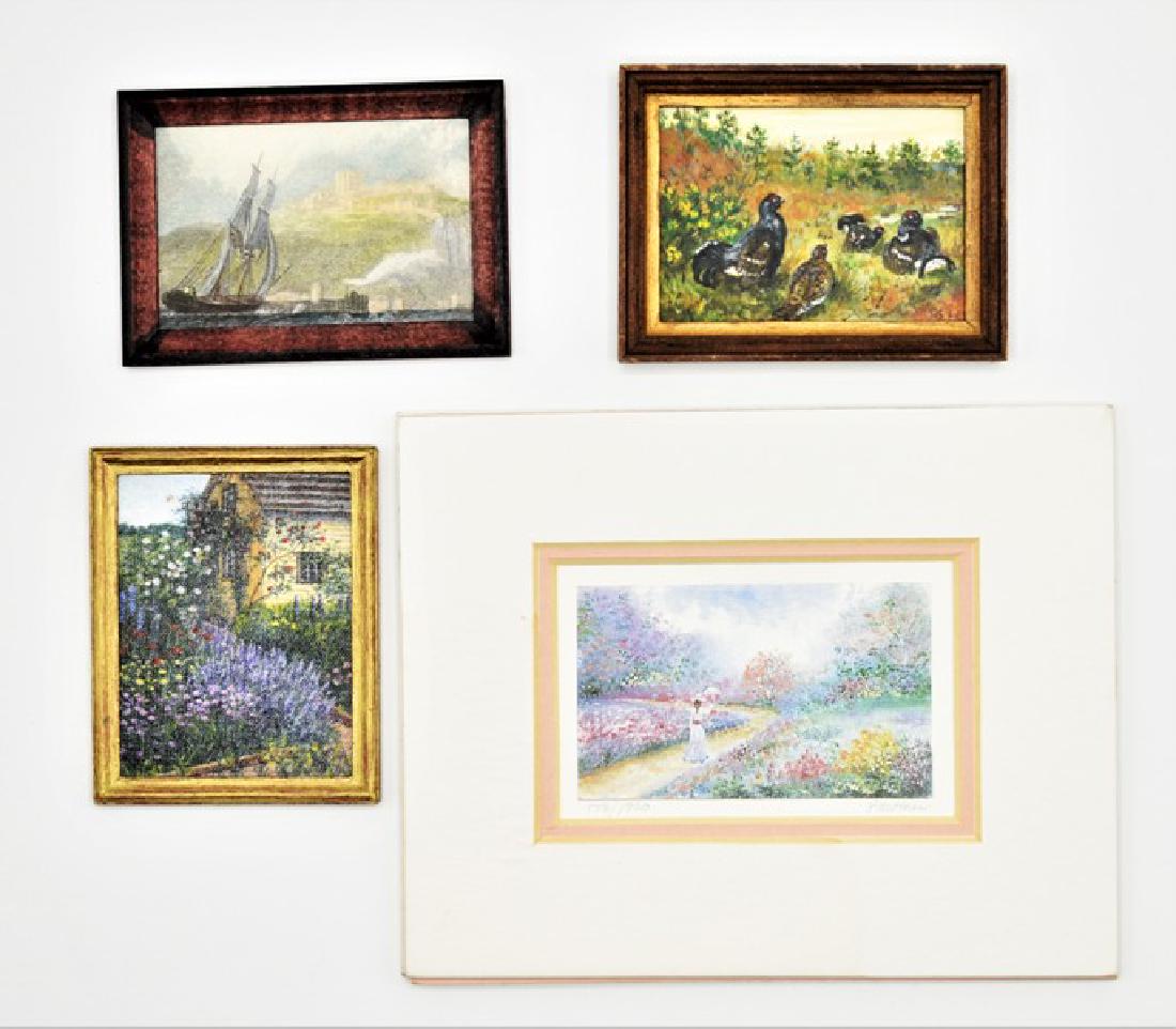 Babb & Lamgley Dollhouse Painting & Other Miniatures: Betty Babb hand painted oil on board painting of an English cottage garden housed in wood frame 2" by 2.5", Helen Scott Langley oil on artist board painting of game birds 2" by 2.75", Pawinee McEntire