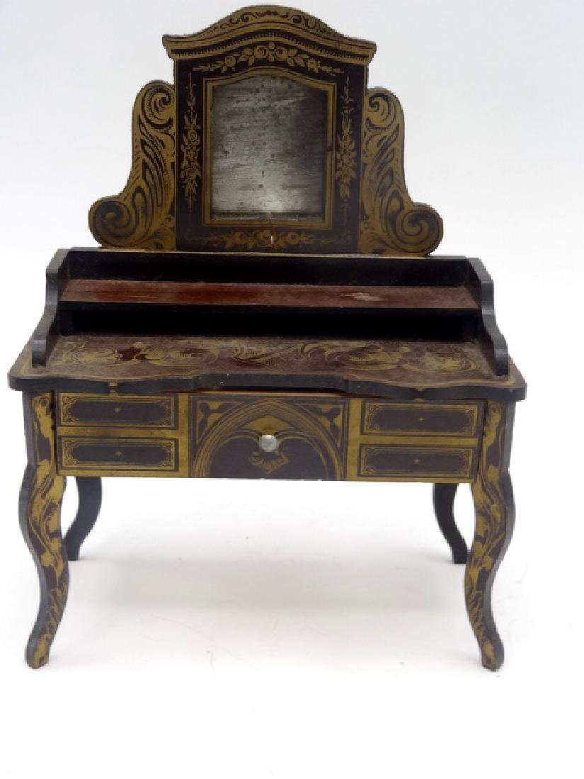 Antique Dollhouse Biedermeier Dressing Table Miniature: Antique German Biedermeier style dollhouse stencil decorated dressing table with full width drawer and original mirror 5"W, 6.25"H, 2.25"D