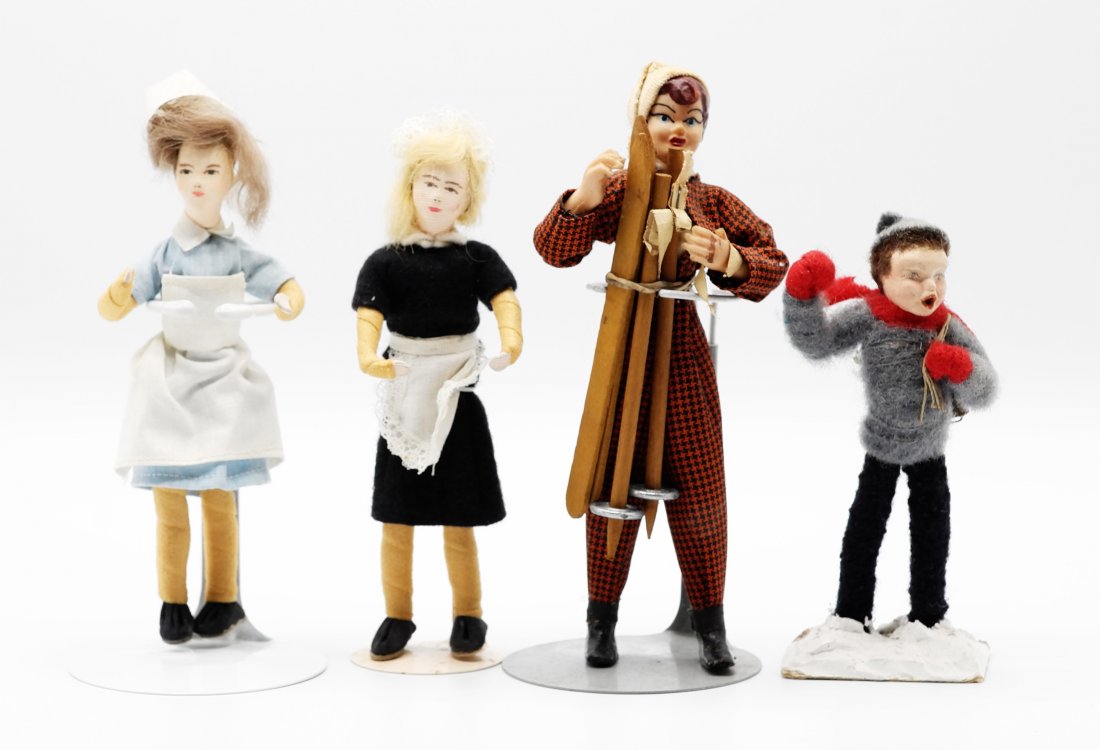 Vintage Dollhouse Dolls: Polly Bellows ceramic girl skater dressed in felt 5.25"H, rubber skier with wood skis and poles 6.75"H, two painted cloth head maid dolls 6"H