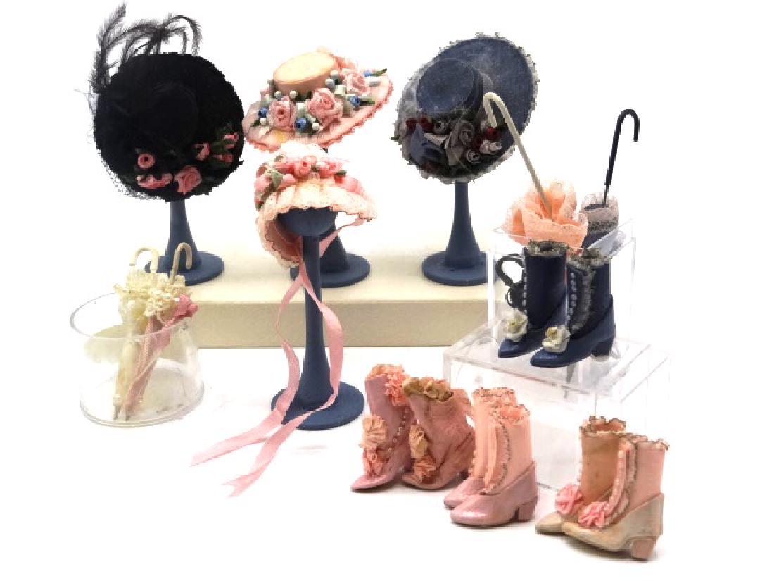 Summerlots Dollhouse Hats & Boots Miniatures: Three Summerlots dollhouse hats 2"D and a bonnet with four matching hat stands, four pairs of Summerlots Victorian wedding boots, seven parasols by unknown makers