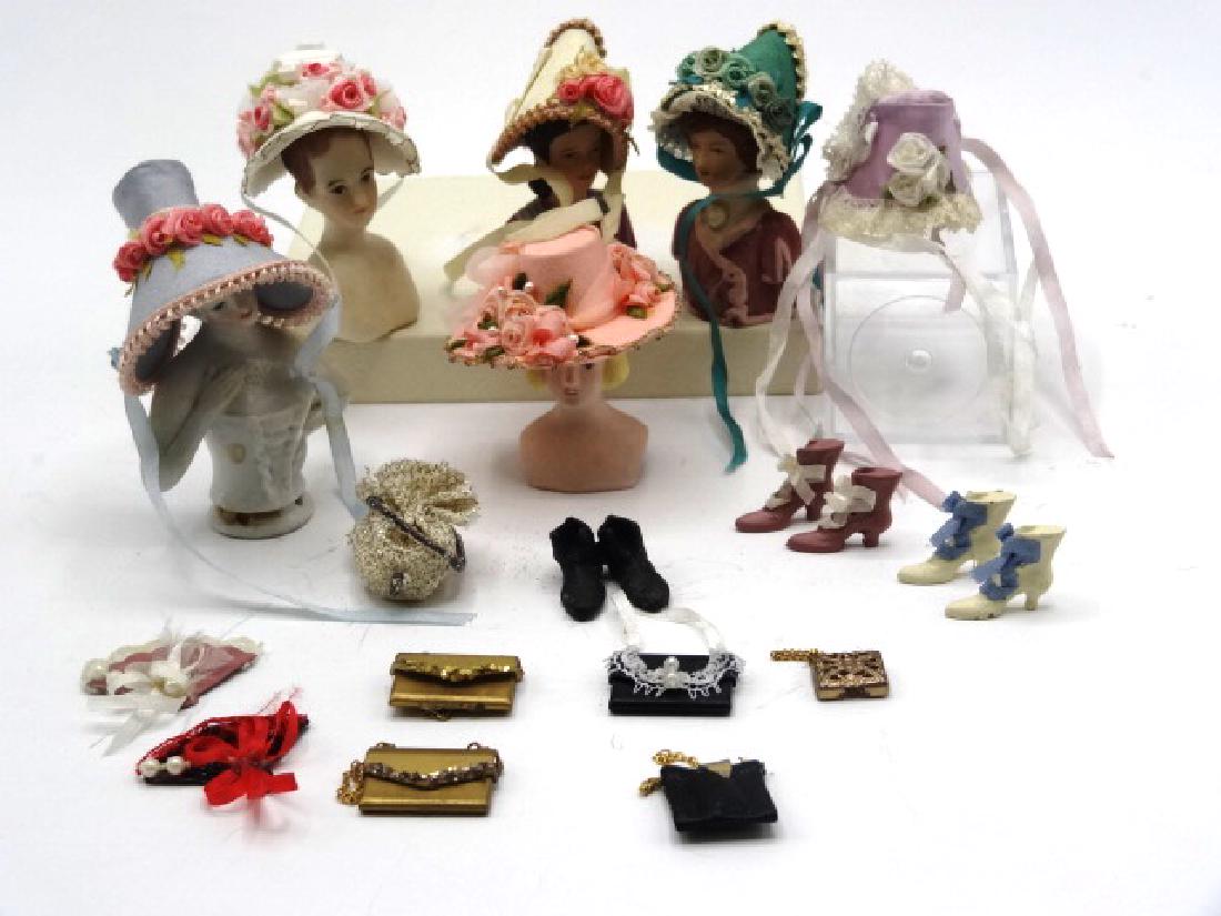 MJ & Vilnis Dollhouse Bonnets Miniatures: Four Hazel Vilnis artisan bonnets, MJ Designs hat and bonnet, four bisque busts and one china hat stands, also a selection of fans, purses and cast metal shoes & boots