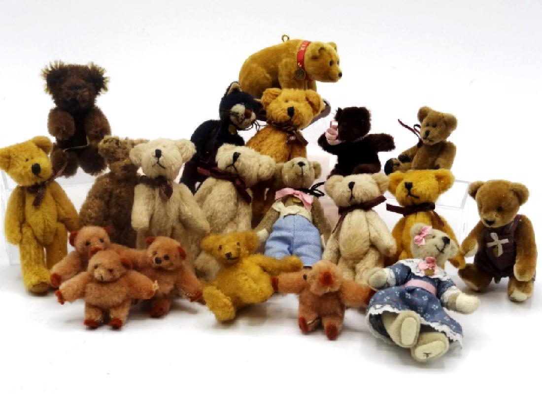 Dollhouse Small Teddy Bear Collection: Nice group of fourteen artisan teddy bears 2" to 3"H, a few are artisan signed, also artisan cat 2.5"H, five plush bear pins 1.25"H and a Hallmark bear pull toy