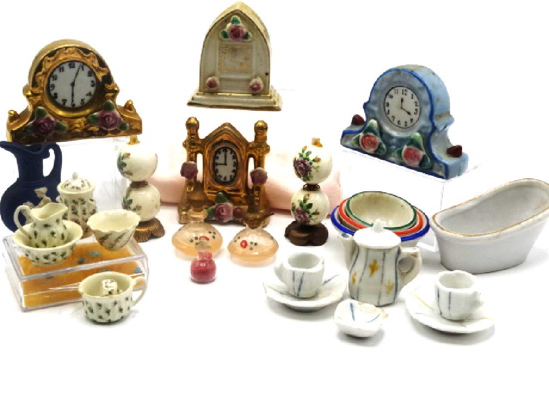 Jean Tag Dollhouse China & Other Miniature Accessories: Jean Tag artisan seven piece hand painted china vanity set, vintage three piece set of china nesting bowls 2"W, vintage tub 3"L, four mid-century china clocks, Jasperware style ewer 2"H, pair of parlo