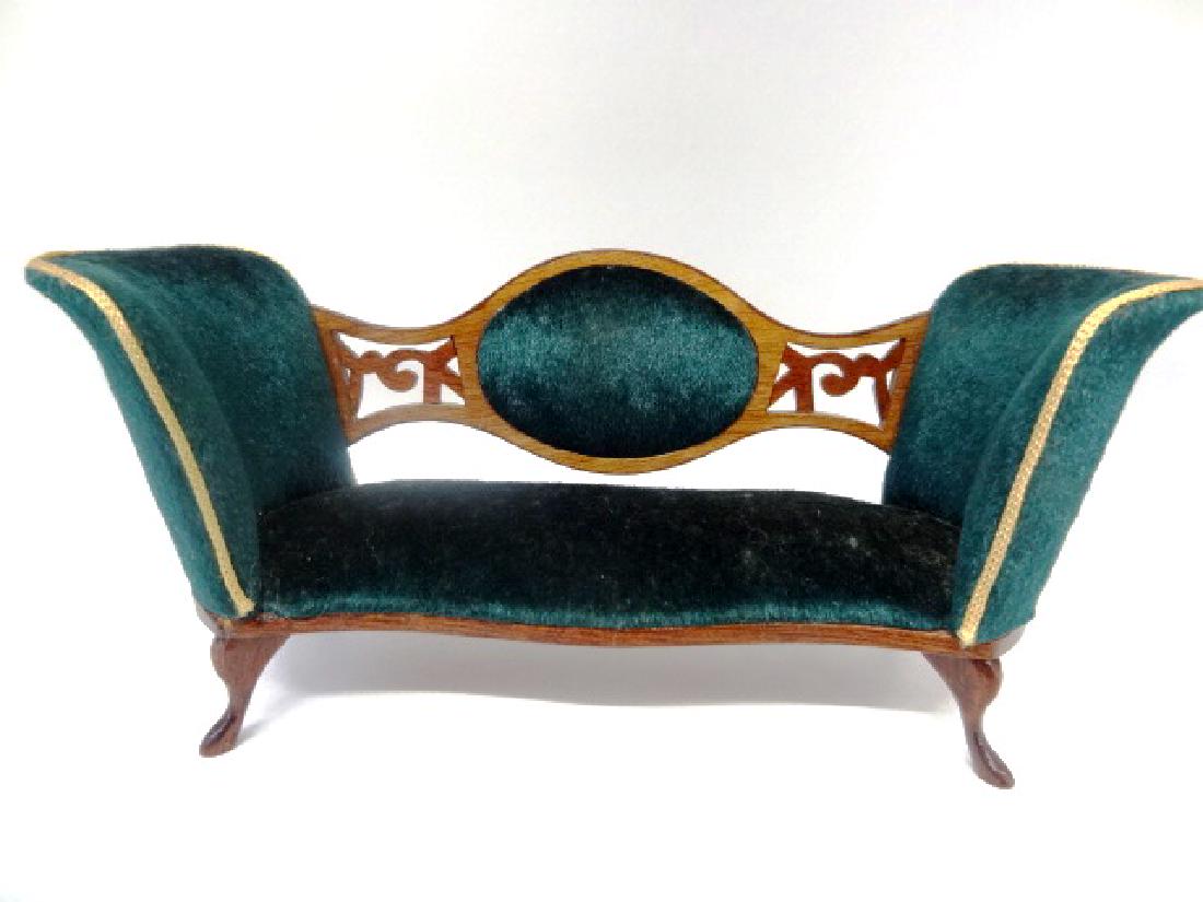 Artisan Dollhouse Victorian Sofa Miniature: Unsigned artisan Victorian style mahogany and fabric medallion back sofa on cabriole legs 7.25"W