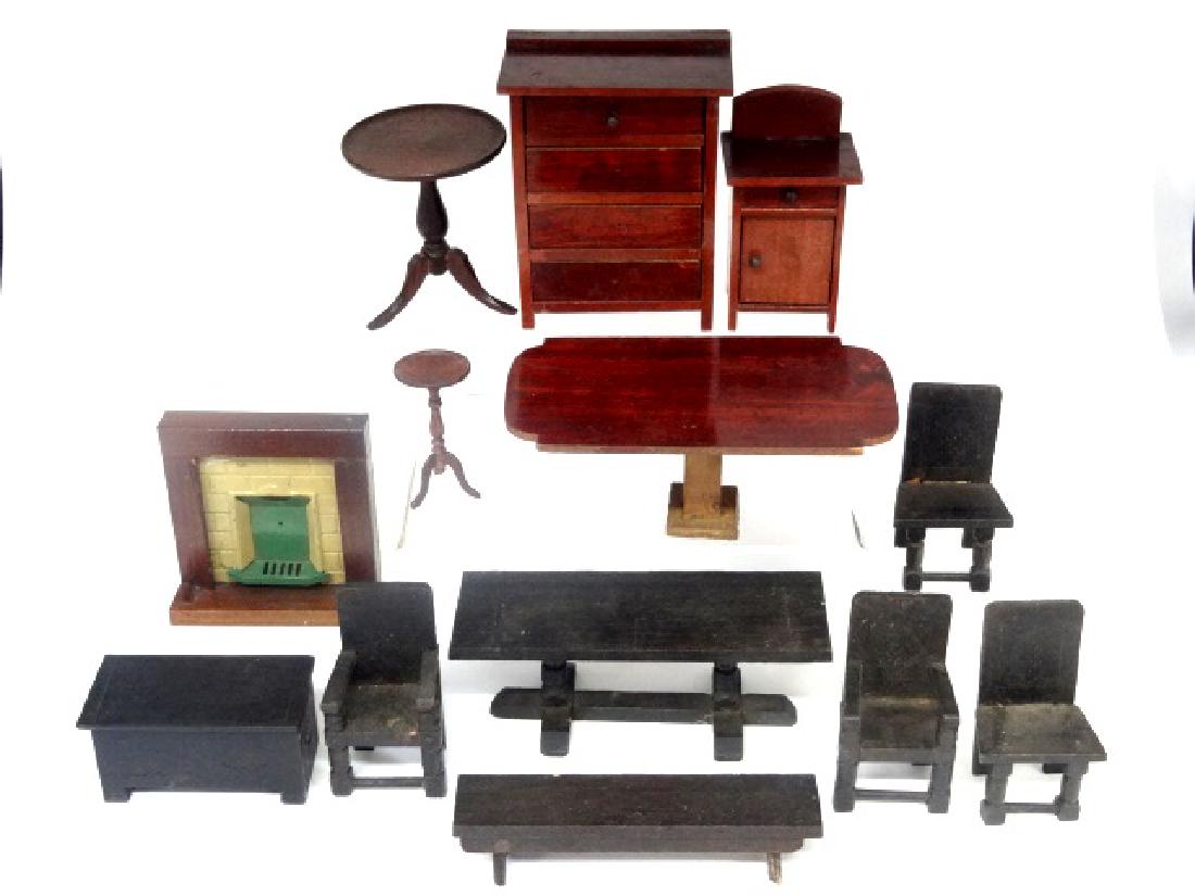 Vintage Dollhouse Furniture Miniatures: Assorted vintage dollhouse wood furniture in various scales, Four drawer dresser missing knobs and mirror with matching nightstand, wood and tin fireplace 3"H, dished top round table 2.75"H, dished to