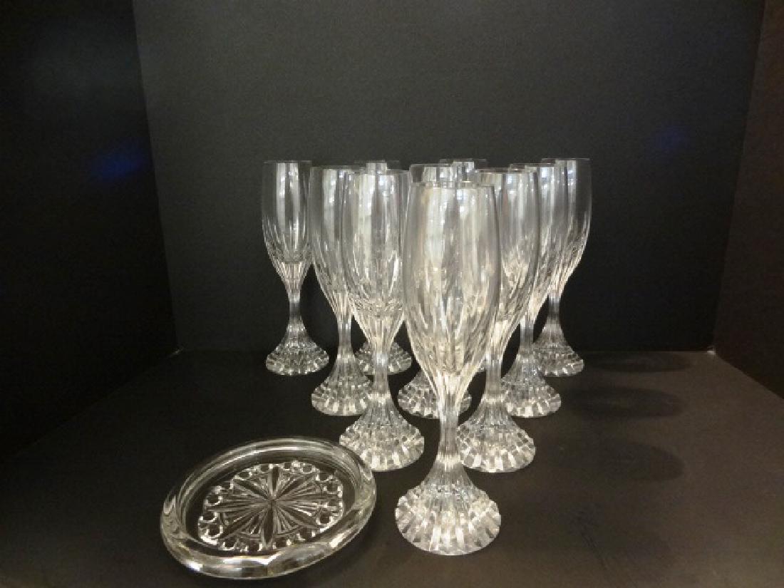 Baccarat Champagne Flutes & Coaster: Ten Baccarat fluted champagne glasses 8.5"H with original box & a bottle coaster, all marked on base
