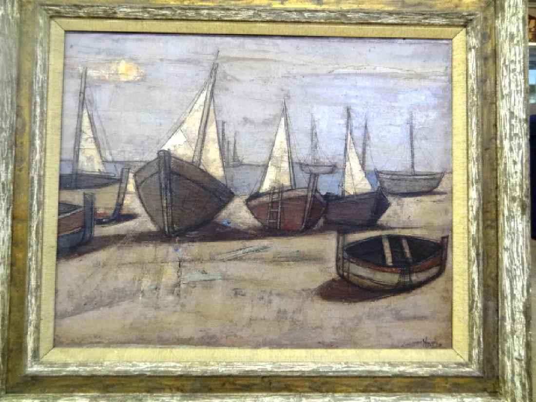 Hubertus Mengels Mid-Century Painting: Hubertus Johannus Mengels [Holland 1921-1995 post impressionist oil on canvas harbor painting, 24" by 30", signed lower right, housed in original carved frame 33" by 39"