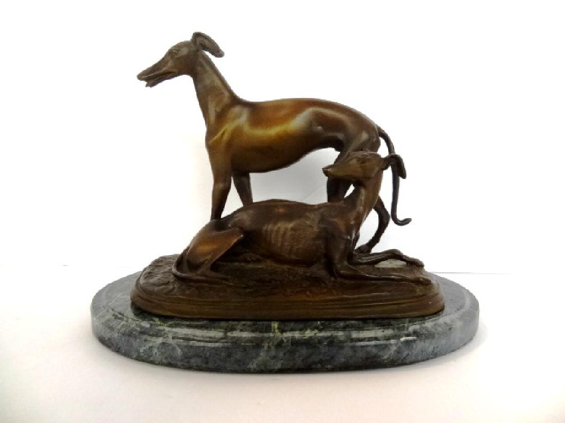 Barye Bronze Whippets Statue: Bronze sculpture of two Whippets after Antone-Louis Barye ( France 1796-1875) signed Barye on base, mounted on marble base, 7.5 " H, base 10" W, base 5.75" D