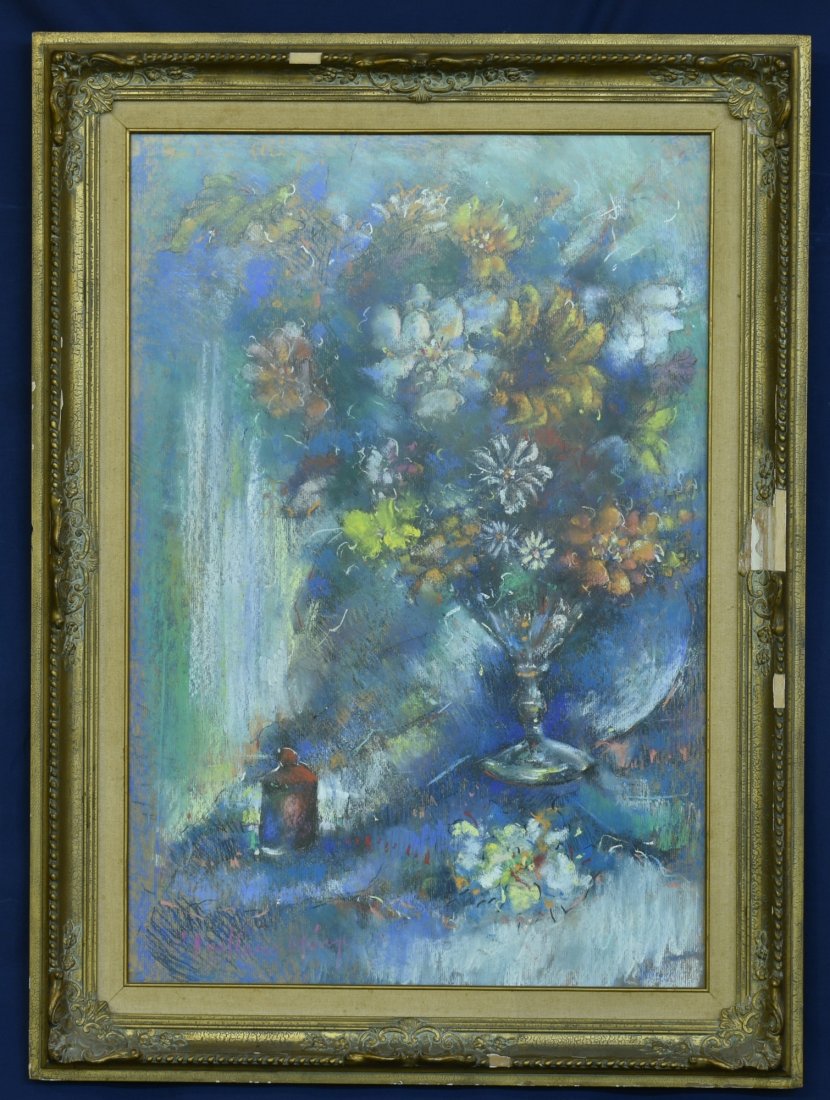 Guillermo Marquez Colorful Pastel Painting: Colorful pastel still life by Guillermo Marquez [Venezuela - born 1944], 24" by 35" sight, framed 32" by 43"