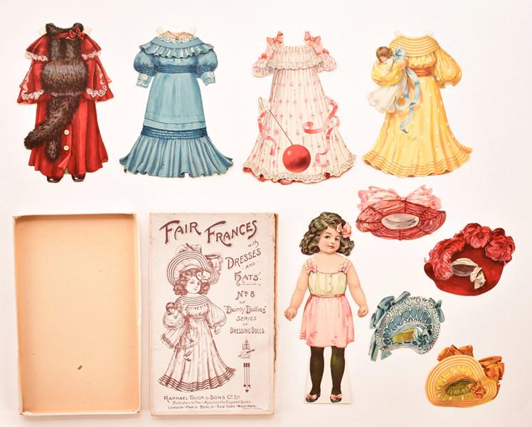 4 Raphael Tuck Dainty Dollies Paper Doll Sets: Raphael Tuck Sweet Sybel 9" doll in original box includes 2 dolls with replaced stands and one repaired neck, two sets of ABCD dresses and two sets of ABCD hats, Raphael Tuck Gentle Gladys in original