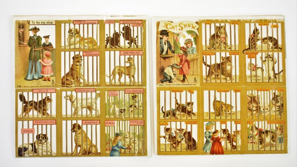 Tuck Die-Cut Dog Show & Cat Show: Raphael Tuck die-cut chromolitho 818 Dog Show printed in Germany 9" square and 983 Cat Show printed in Germany 9" square