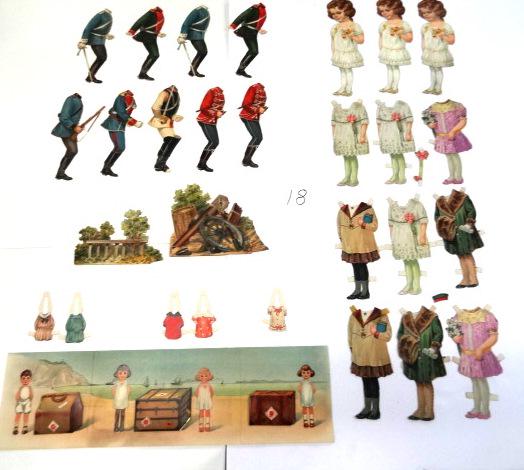 Early Tuck Paper Dolls & Accessories: Raphael Tuck Dollies On Their Travels fold out with four dolls, three luggage and five costumes 6" by 21", Tuck postcard Children From Many Lands card #2 with soiling, Tuck folding dollhouse Home Swee