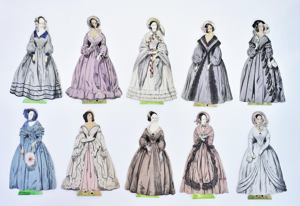 10 Charles Worth French Fashion Paper Dolls: Ten hand drawn paper dolls with removable hand colored front and back gowns and bonnets, designed by Charles Frederick Worth [Paris 1825-1895], middle of the 19th century, from the collection of Mr. a