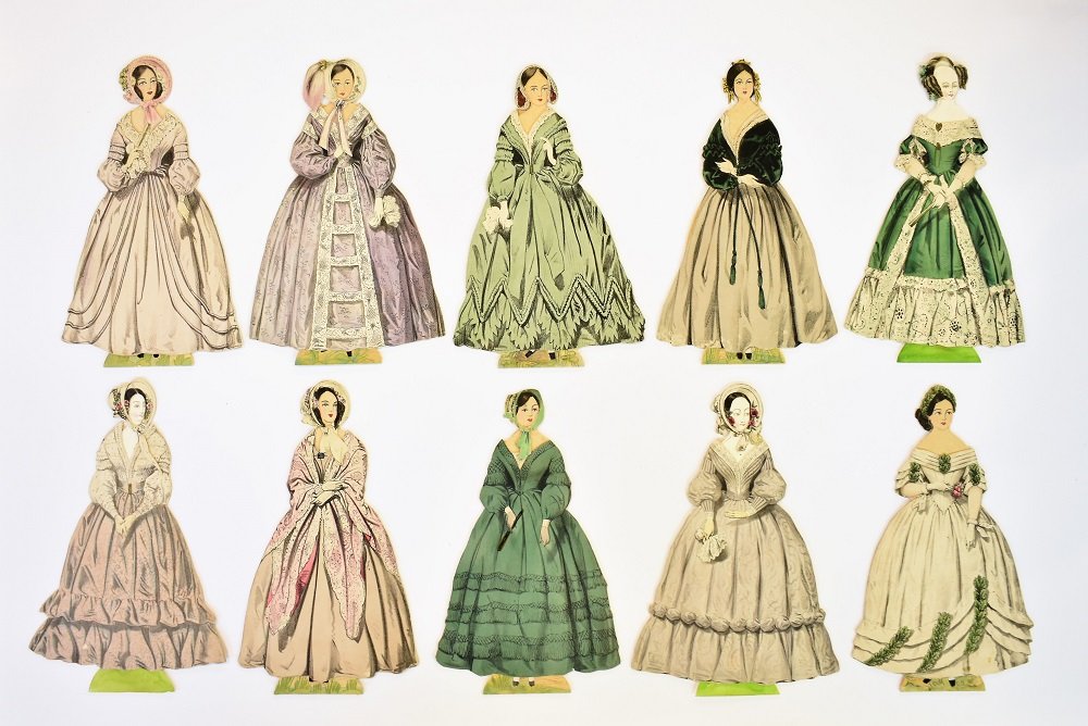 10 Charles Worth French Fashion Paper Dolls: Ten hand drawn paper dolls with removable hand colored front and back gowns and bonnets, designed by Charles Frederick Worth [Paris 1825-1895], middle of the 19th century, from the collection of Mr. a