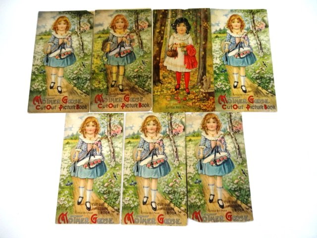8 Mother Goose Cut Out Picture Books: Eight Mother Goose Cut Out Picture Books by National Art Co. each with Little Bo-Peep and Little Red Riding Hood, set 1 uncut with minor wear, set 2 uncut with loose spine, set 3 minor chipping includ