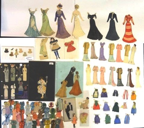 Early 20th Century Handmade Paper Dolls: Nice grouping of late 19/early 20th century handmade paper dolls, 2.5"H girl with 5 dresses and a hat, 6"H gentleman with tuxedo and top hat, 5"H lady with 7 dresses and 2 hats, 7.5"H lady with 7 gown