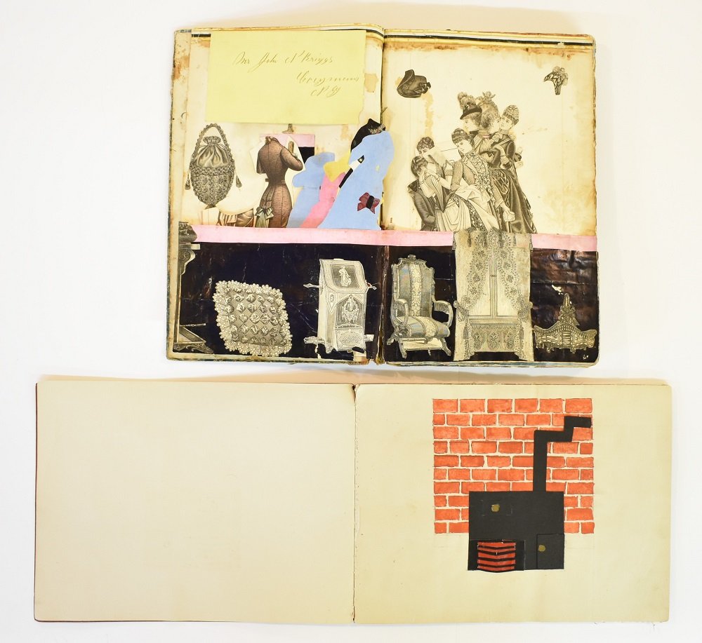 Early Paper Doll Scrap Albums: Antique scrap album has 22 pages filled with Dresden decoration, newspaper and fashion book cut-outs, child's school drawing book with four full page watercolor interior scenes, paper trunk holds 5.25