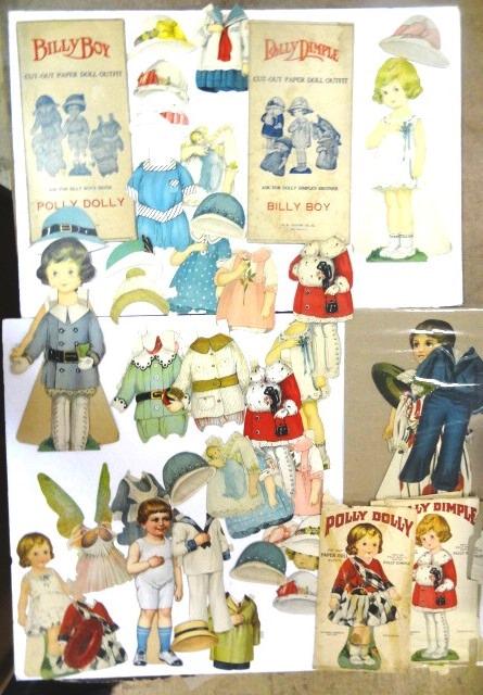 Large Early Paper Doll Sets: Nice group of early 20th century large scale paper dolls, Dolly Dimples 16" doll with soiled folder has 5 dresses and 3 hats, Polly Dolly has 12" doll with partial envelope, 3 dresses and 1 hat, Billy