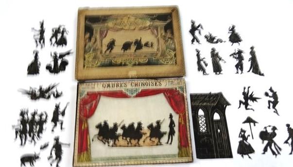 French Shadow Theatre Paper Doll Set: 19th century boxed French shadow theatre Ombres Chinoises "Chinese Shadows", artwork by B. Couderz, lithographed by H. Jannis Paris, edited by Saussine Paris, original hand colored two piece box 10.5"