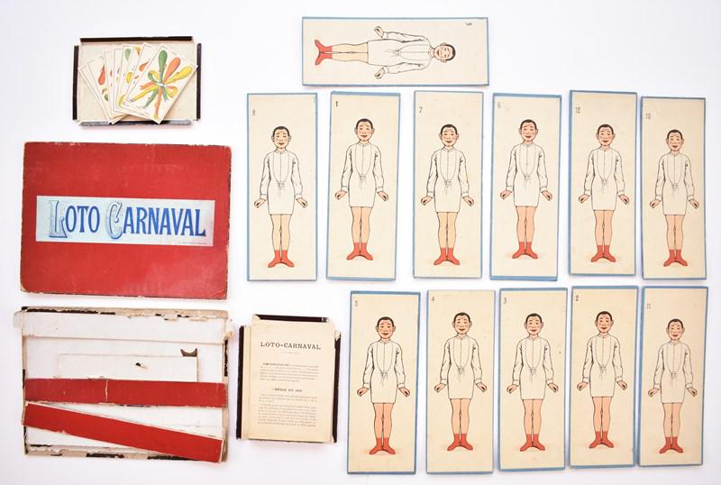 French Loto Carnival Paper Doll Game: Early French game circa 1890's includes original box with most flaps detached or missing 7.5" by 10", 11 paper dolls on cardboard backing, instructions, cards, assortment of clothes, small box with li