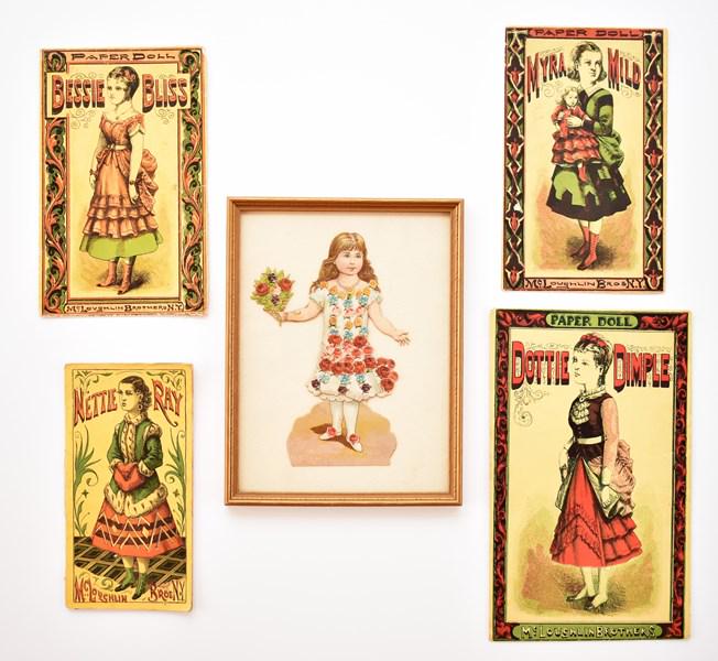 4 McLoughlin Paper Doll Sets & Other: Four early McLaughlin paper doll sets with original packaging, Dottie Dimple has envelope with minor writing on back, 8" front and back doll with neck bend, four front and back dresses and four f&b ha
