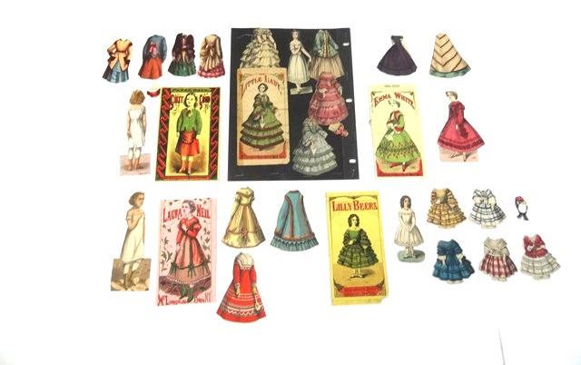 Five Early McLoughlin Paper Doll Sets: Girty Good has nice envelope with minor writing on back, 5.5" f& b doll, 4 f&b dresses and 2 f&b hats, Emma White has folder with split seam, 5" f&b doll and 4 f&b dresses, Lilly bears has folder with