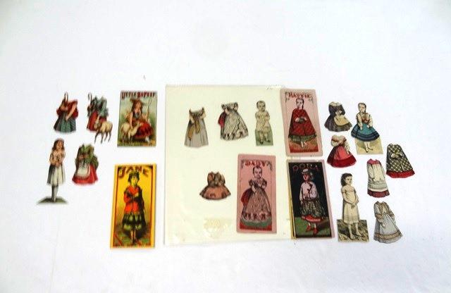 Five McLoughlin Small Paper Doll Sets: Jane has near mint uncut folder with a minor interior pull 5.5"H, Nattie has folder with tape repair, 4" doll and 4 dresses, Little Bo Peep has cut down front of folder, 4" paper doll and 3 dresses, D