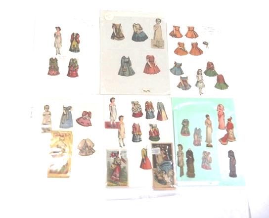 Small McLoughlin Paper Doll Sets: Little Bo Peep has envelope with spine tears, 5" doll with minor neck bend and 4 dresses, Baby has folder with small edge losses, 3.5" doll and 4 dresses, Emily has front of folder only, 4" doll and e