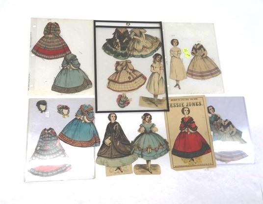 McLoughlin Paper Doll Sets: Jessica Jones has front of folder only, 9" doll with neck bend and 3 dresses, early Jessie Jones has 8" doll with bends and 4 dresses, Dolly Varden Dolls Betsy Brunette envelope with tears and losses,
