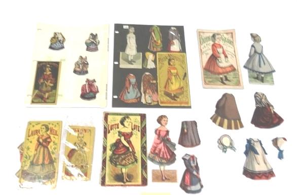 Six McLoughlin Paper Doll Sets: Carrie Grant has folder with tears, 7" f&b doll, 4 f&b dresses and 3 hats, Rosa Rustic has front of envelope with losses, 6" f&b doll with neck repair, 4 front and back dresses and 1 hat, Laura Neil h