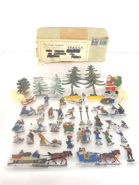 Art Craft Ice Skating Party: Vintage Bavarian painted metal ice skating party set with original brochure and box, also 2 plastic reindeer